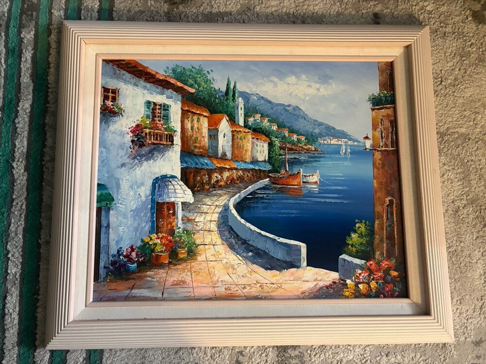 Vintage Original Impasto Oil Painting Mediterranean Seaside Scene Canvas Large